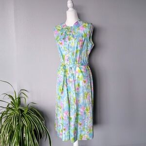 Vintage Nancy Frock Pastel Floral Sleeveless Belted House Dress